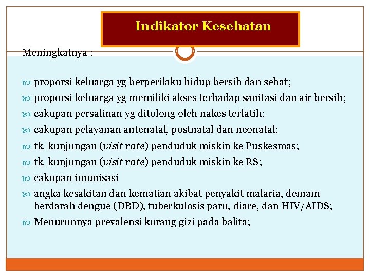 Indikator Kesehatan Meningkatnya : proporsi keluarga yg berperilaku hidup bersih dan sehat; proporsi keluarga Indikator Kesehatan Meningkatnya : proporsi keluarga yg berperilaku hidup bersih dan sehat; proporsi keluarga