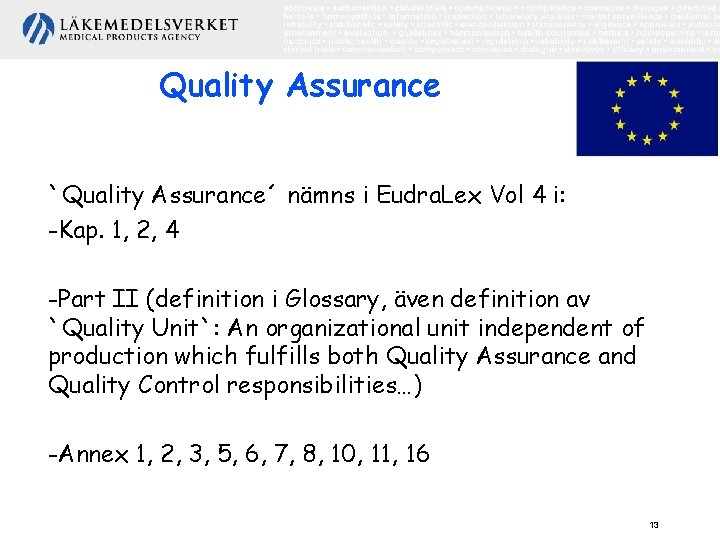 Quality Assurance `Quality Assurance´ nämns i Eudra. Lex Vol 4 i: -Kap. 1, 2,