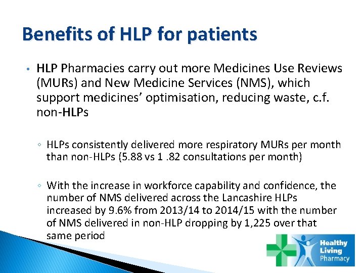 Benefits of HLP for patients • HLP Pharmacies carry out more Medicines Use Reviews