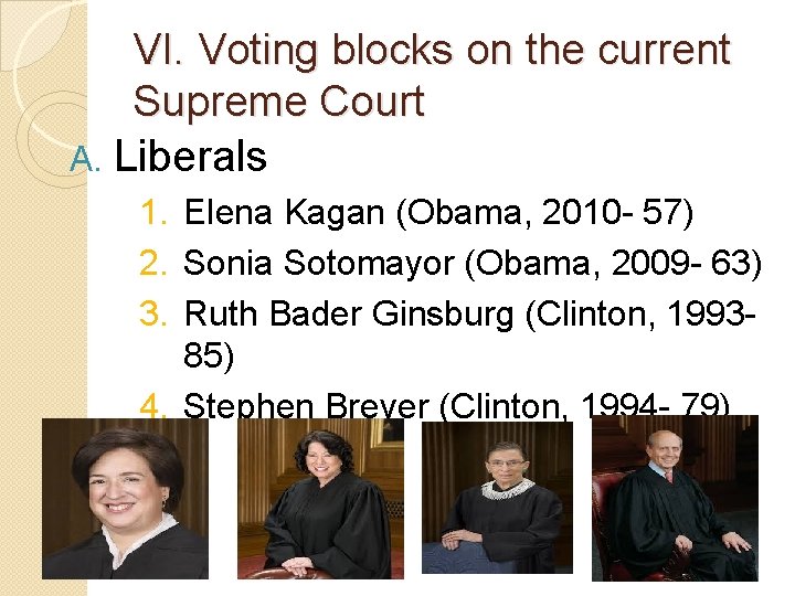 VI. Voting blocks on the current Supreme Court A. Liberals 1. Elena Kagan (Obama,