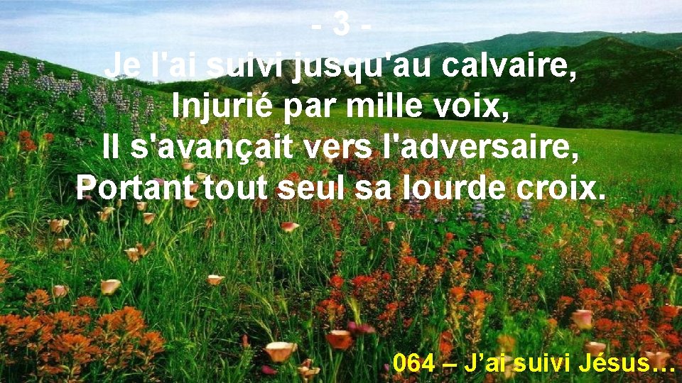 -3 Je l'ai suivi jusqu'au calvaire, Injurié par mille voix, Il s'avançait vers l'adversaire,