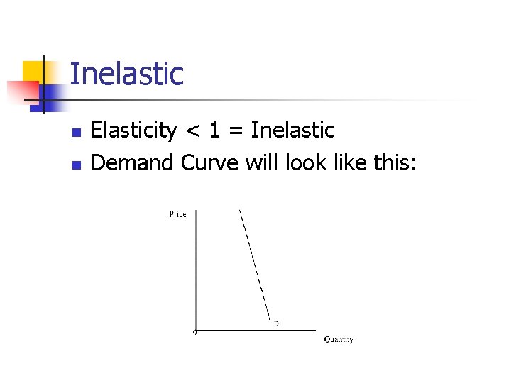 Inelastic n n Elasticity < 1 = Inelastic Demand Curve will look like this: