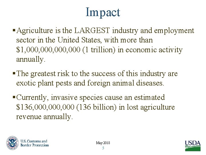 Impact §Agriculture is the LARGEST industry and employment sector in the United States, with