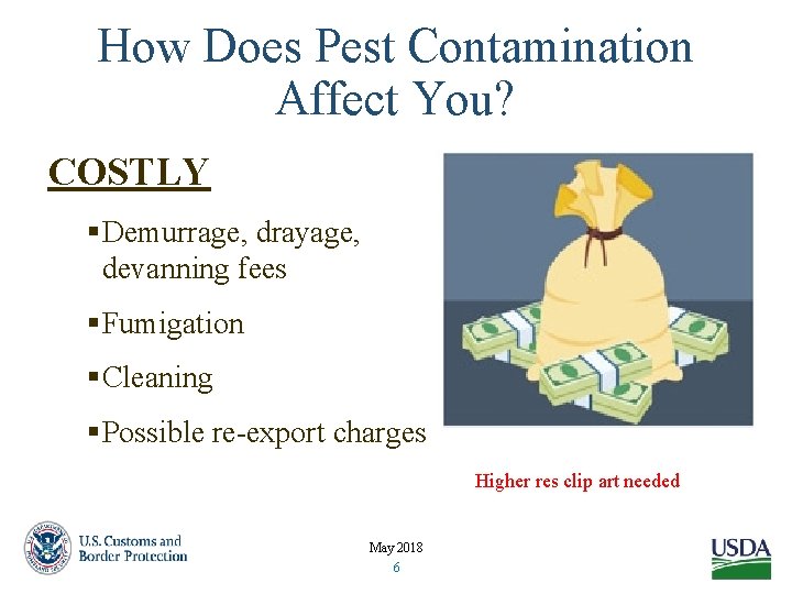 How Does Pest Contamination Affect You? COSTLY §Demurrage, drayage, devanning fees §Fumigation §Cleaning §Possible