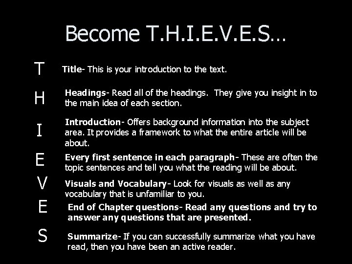 Become T. H. I. E. V. E. S… T H Title- This is your