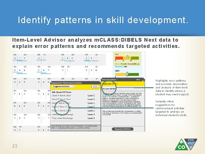 Identify patterns in skill development. Item-Level Advisor analyzes m. CLASS: DIBELS Next data to Identify patterns in skill development. Item-Level Advisor analyzes m. CLASS: DIBELS Next data to