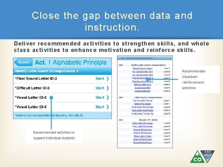 Close the gap between data and instruction. Deliver recommended activities to strengthen skills, and Close the gap between data and instruction. Deliver recommended activities to strengthen skills, and