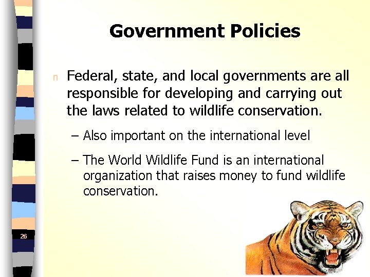 Government Policies n Federal, state, and local governments are all responsible for developing and