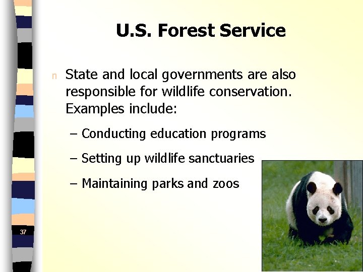 U. S. Forest Service n State and local governments are also responsible for wildlife