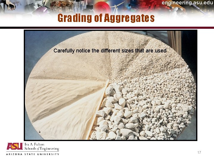 Grading of Aggregates Carefully notice the different sizes that are used 17 