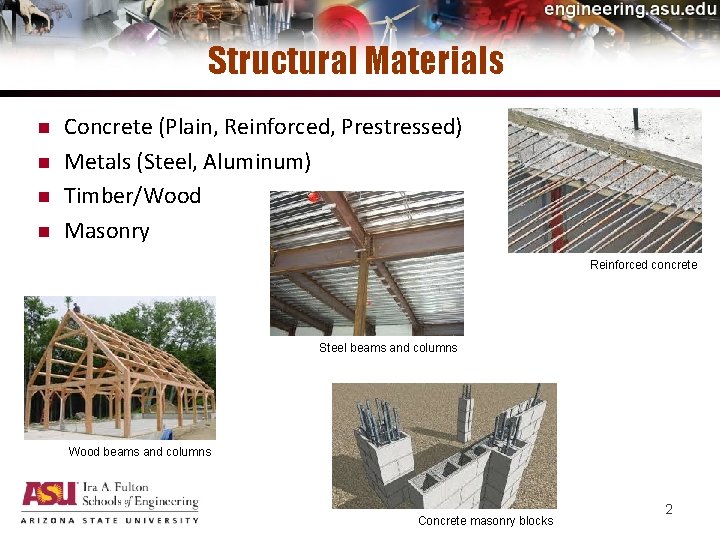 Structural Materials n n Concrete (Plain, Reinforced, Prestressed) Metals (Steel, Aluminum) Timber/Wood Masonry Reinforced