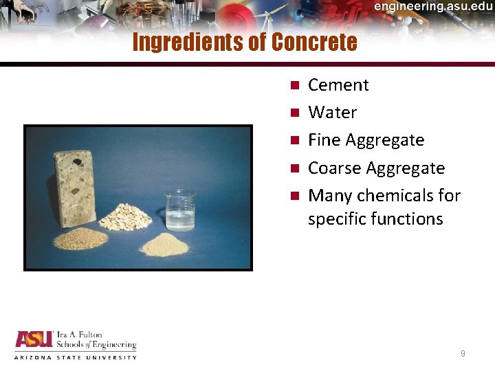Ingredients of Concrete n n n Cement Water Fine Aggregate Coarse Aggregate Many chemicals