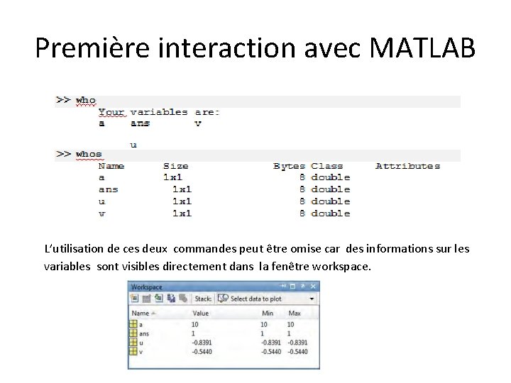 Première interaction avec MATLAB L’utilisation de ces deux commandes peut être omise car des