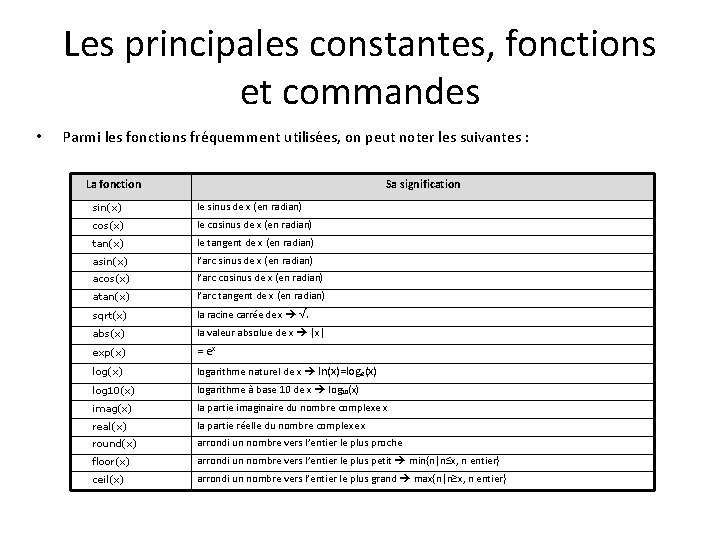 Les principales constantes, fonctions et commandes • Parmi les fonctions fréquemment utilisées, on peut