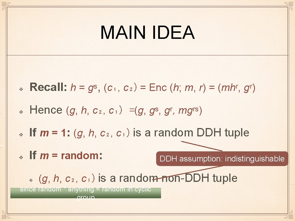 MAIN IDEA Recall: h = gˢ, (c₁, c₂) = Enc (h; m, r) =