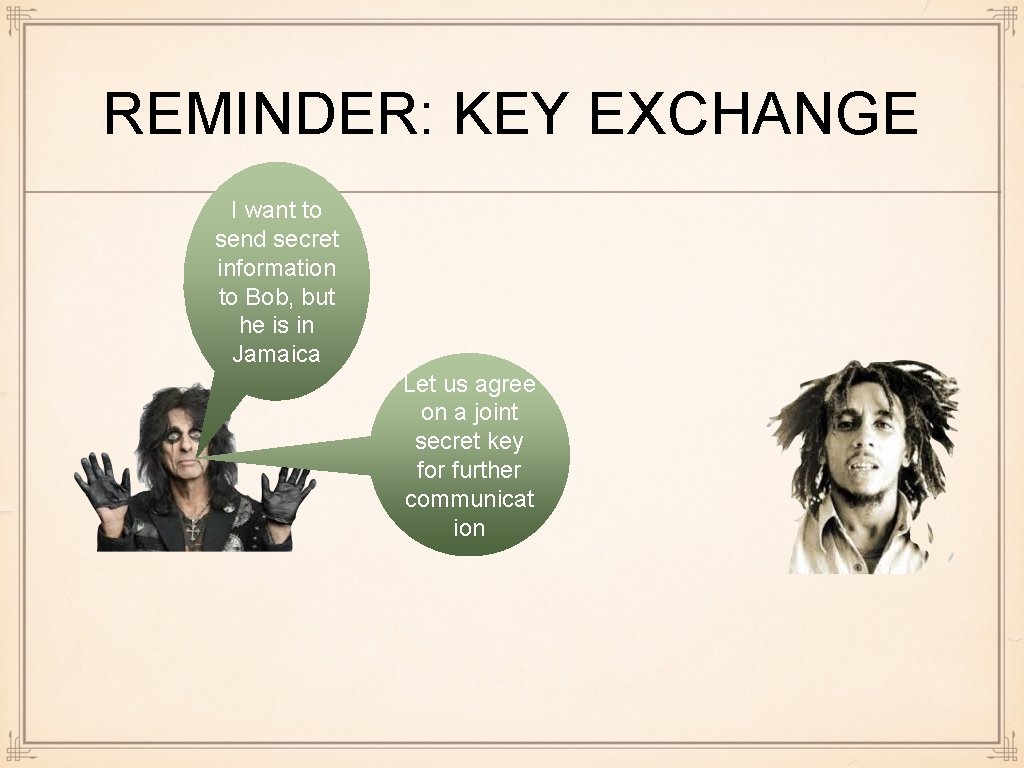 REMINDER: KEY EXCHANGE I want to send secret information to Bob, but he is