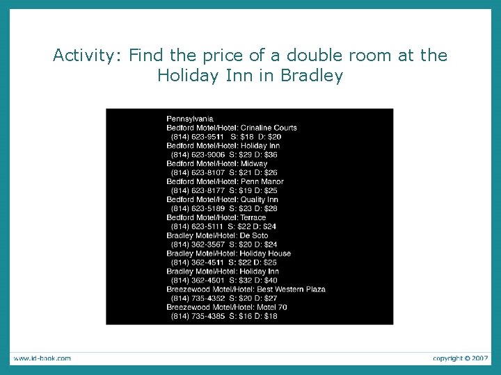 Activity: Find the price of a double room at the Holiday Inn in Bradley