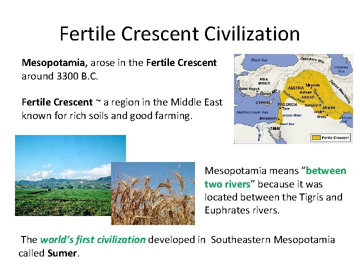 Fertile Crescent Civilization Mesopotamia, arose in the Fertile Crescent around 3300 B. C. Fertile