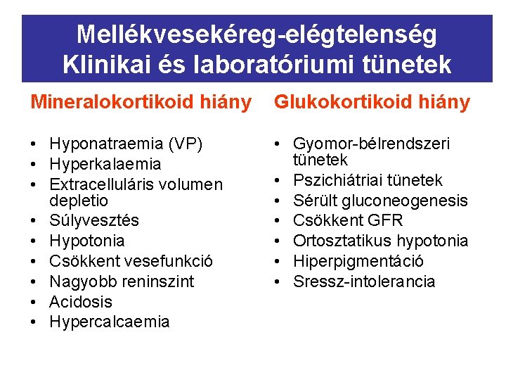 Mellékvesekéreg-elégtelenség Klinikai és laboratóriumi tünetek Mineralokortikoid hiány Glukokortikoid hiány • Hyponatraemia (VP) • Hyperkalaemia