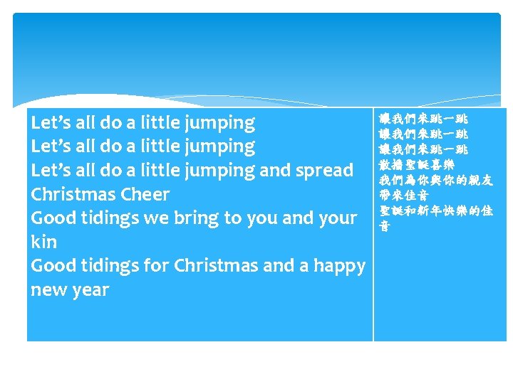 Let’s all do a little jumping and spread Christmas Cheer Good tidings we bring