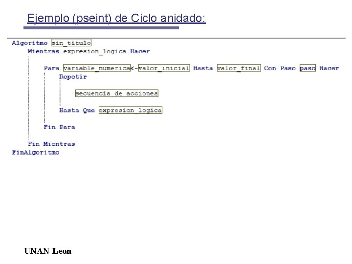 Ejemplo (pseint) de Ciclo anidado: UNAN-Leon Ejemplo (pseint) de Ciclo anidado: UNAN-Leon