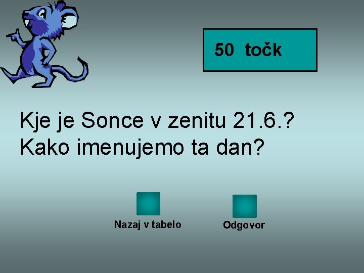 50 točk Kje je Sonce v zenitu 21. 6. ? Kako imenujemo ta dan?