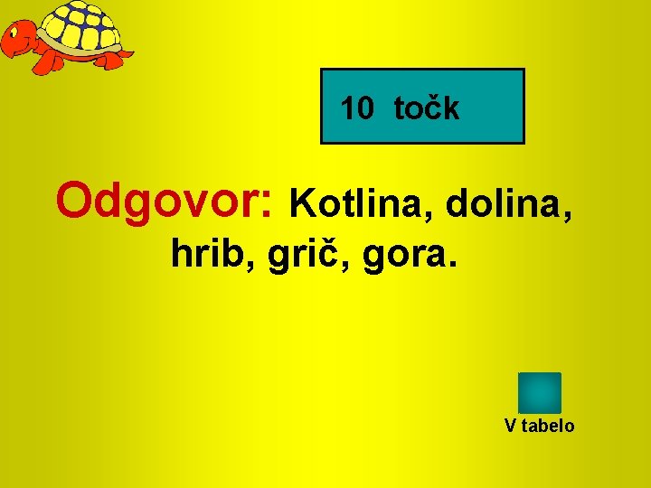 10 točk Odgovor: Kotlina, dolina, hrib, grič, gora. V tabelo 