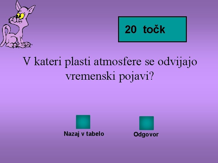 20 točk V kateri plasti atmosfere se odvijajo vremenski pojavi? Nazaj v tabelo Odgovor