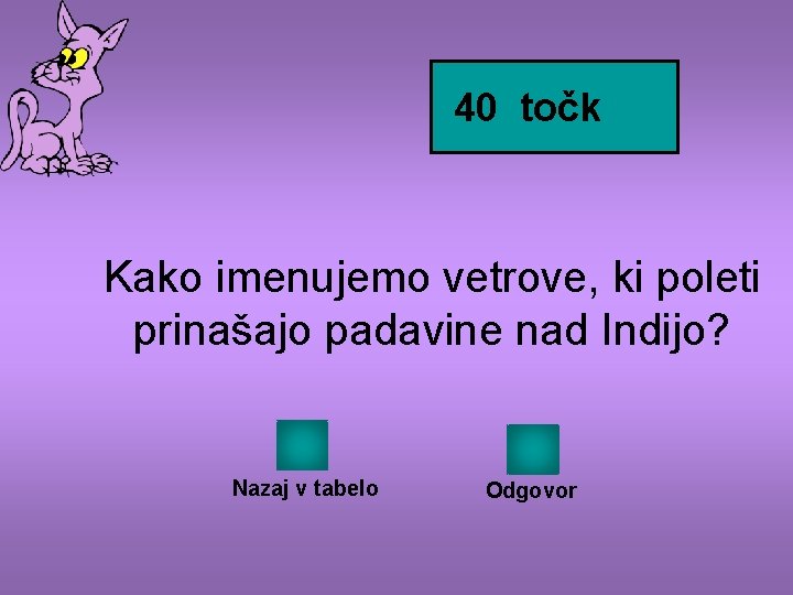 40 točk Kako imenujemo vetrove, ki poleti prinašajo padavine nad Indijo? Nazaj v tabelo