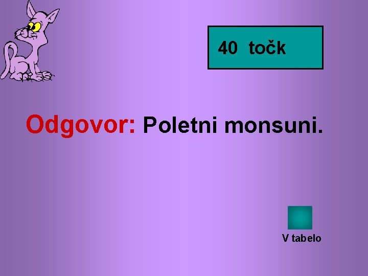 40 točk Odgovor: Poletni monsuni. V tabelo 