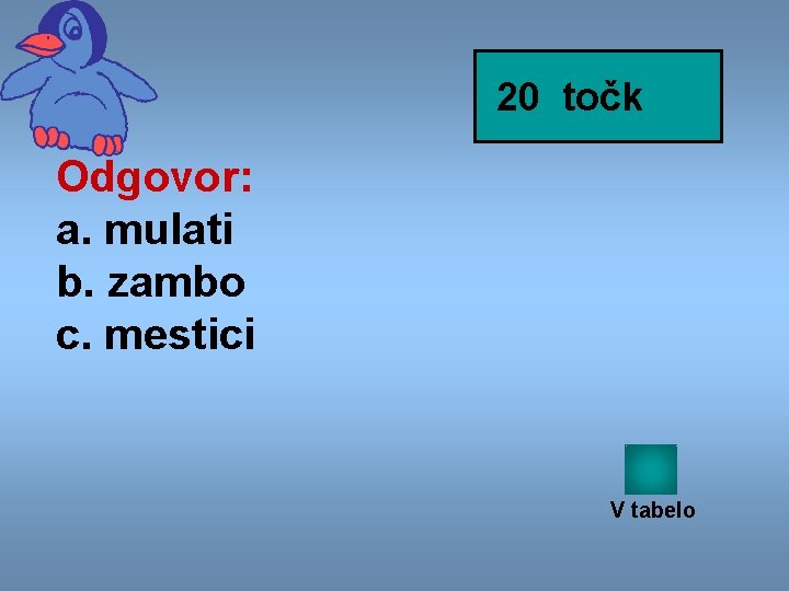 20 točk Odgovor: a. mulati b. zambo c. mestici V tabelo 