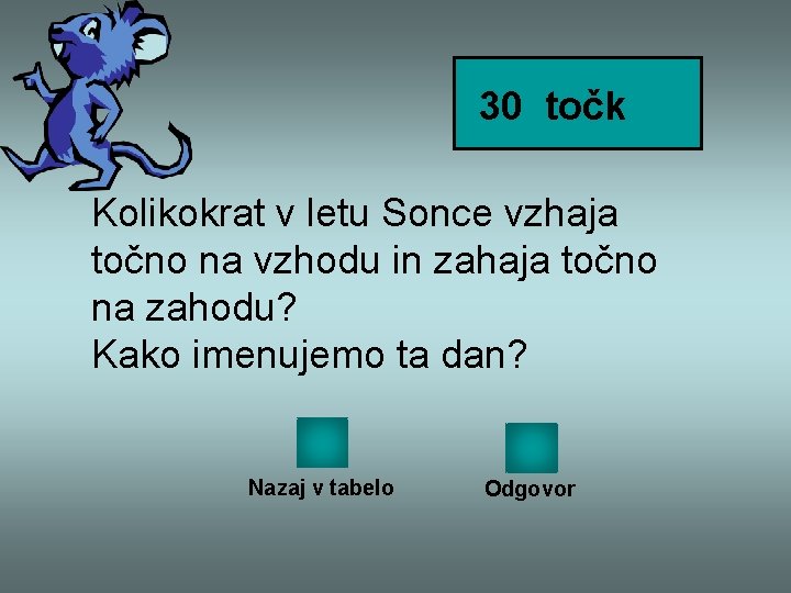 30 točk Kolikokrat v letu Sonce vzhaja točno na vzhodu in zahaja točno na