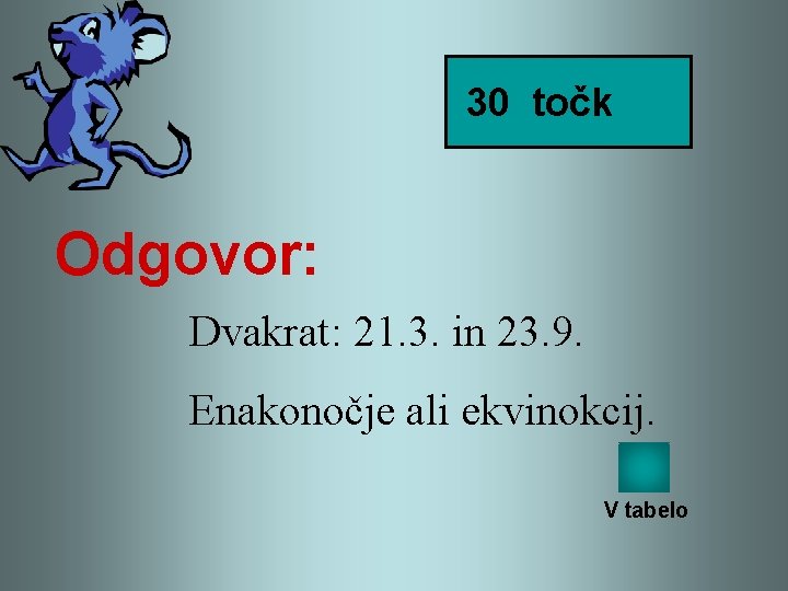 30 točk Odgovor: Dvakrat: 21. 3. in 23. 9. Enakonočje ali ekvinokcij. V tabelo