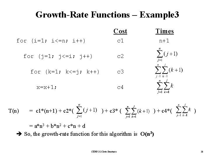 Growth-Rate Functions – Example 3 Cost Times c 1 n+1 for (i=1; i<=n; i++)