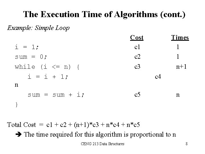 The Execution Time of Algorithms (cont. ) Example: Simple Loop i = 1; sum