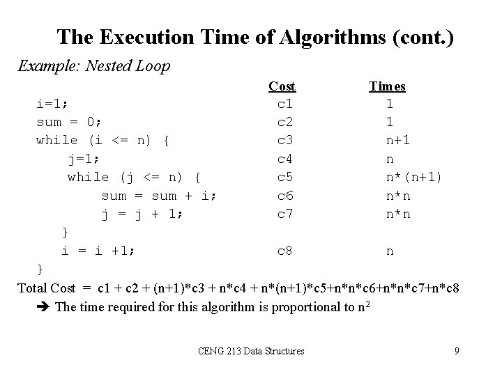 The Execution Time of Algorithms (cont. ) Example: Nested Loop Cost c 1 c