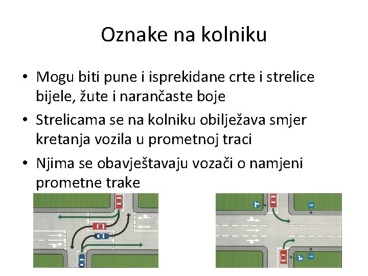 Oznake na kolniku • Mogu biti pune i isprekidane crte i strelice bijele, žute