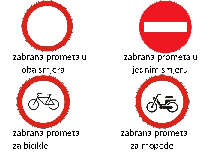 zabrana prometa u oba smjera zabrana prometa u jednim smjeru zabrana prometa za bicikle