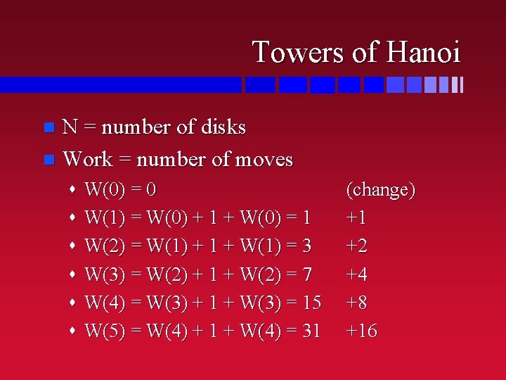 Towers of Hanoi N = number of disks n Work = number of moves