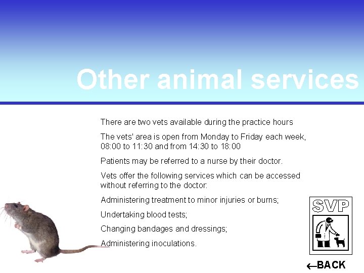 Other animal services There are two vets available during the practice hours The vets'