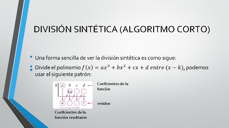 DIVISIÓN SINTÉTICA (ALGORITMO CORTO) • Coeficientes de la función residuo Coeficientes de la función