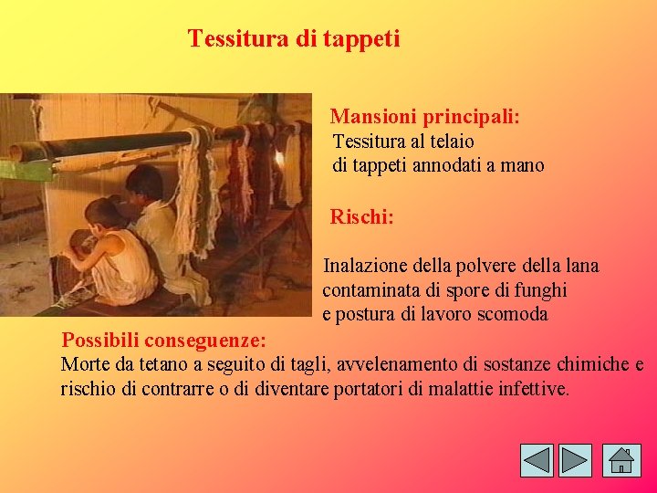 Tessitura di tappeti Mansioni principali: Tessitura al telaio di tappeti annodati a mano Rischi: