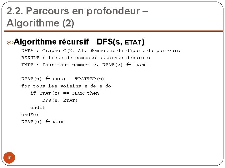 2. 2. Parcours en profondeur – Algorithme (2) Algorithme récursif DFS(s, ETAT) DATA :