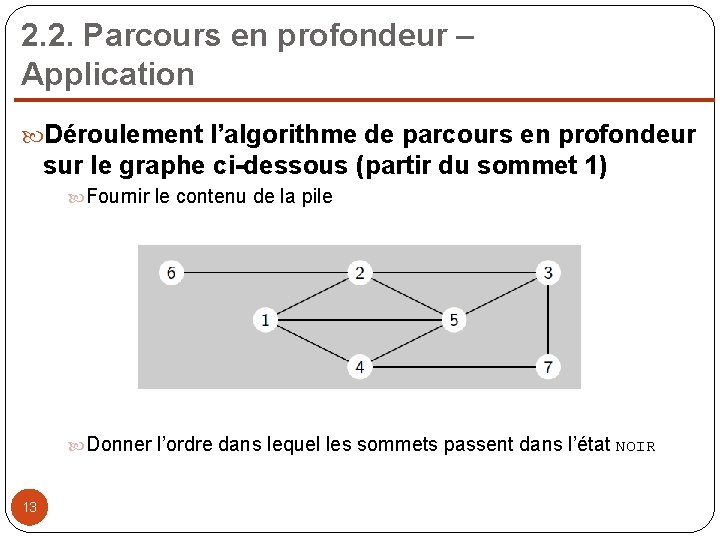 2. 2. Parcours en profondeur – Application Déroulement l’algorithme de parcours en profondeur sur