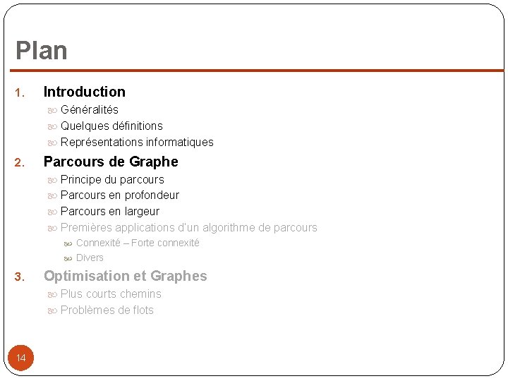 Plan 1. Introduction Généralités Quelques définitions Représentations informatiques 2. Parcours de Graphe Principe du