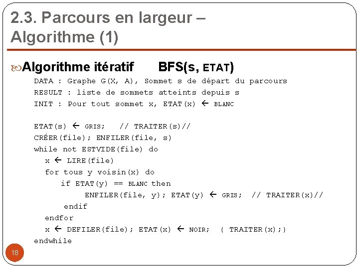 2. 3. Parcours en largeur – Algorithme (1) Algorithme itératif BFS(s, ETAT) DATA :