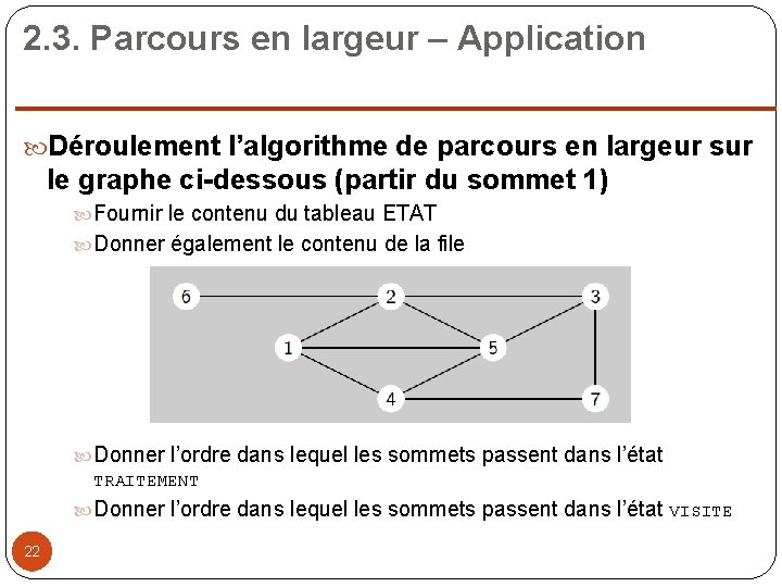 2. 3. Parcours en largeur – Application Déroulement l’algorithme de parcours en largeur sur