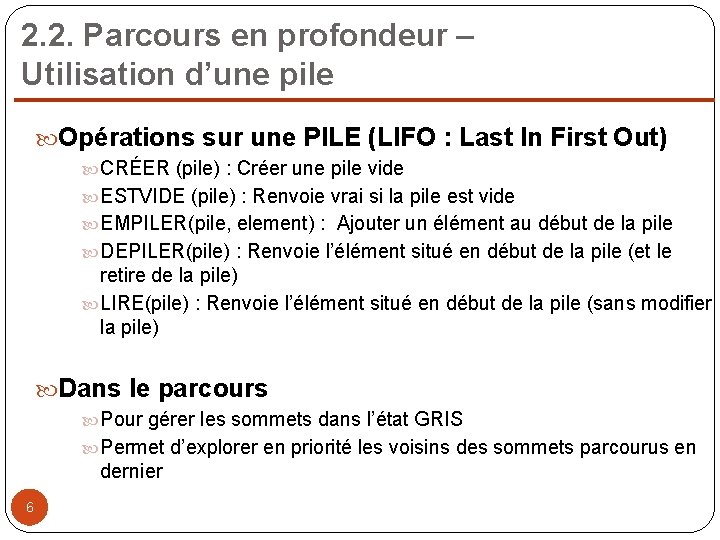 2. 2. Parcours en profondeur – Utilisation d’une pile Opérations sur une PILE (LIFO