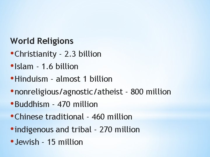 World Religions • Christianity - 2. 3 billion • Islam - 1. 6 billion