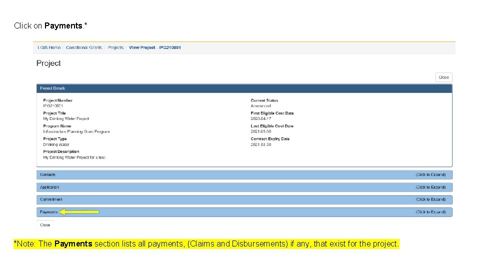 Click on Payments. * *Note: The Payments section lists all payments, (Claims and Disbursements)